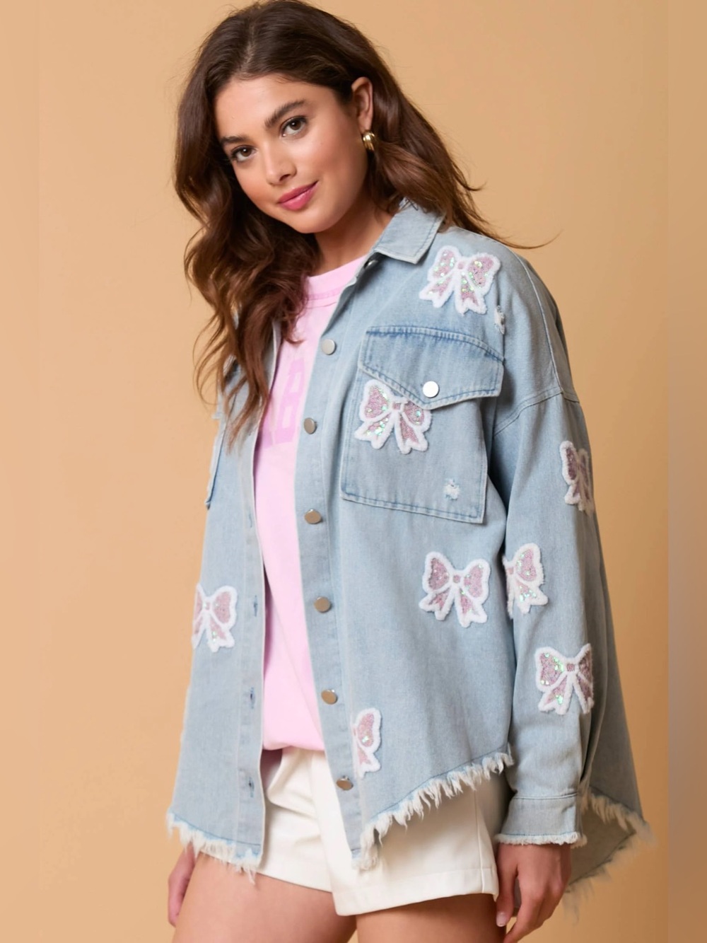 Bow Detail Frayed Denim Shacket